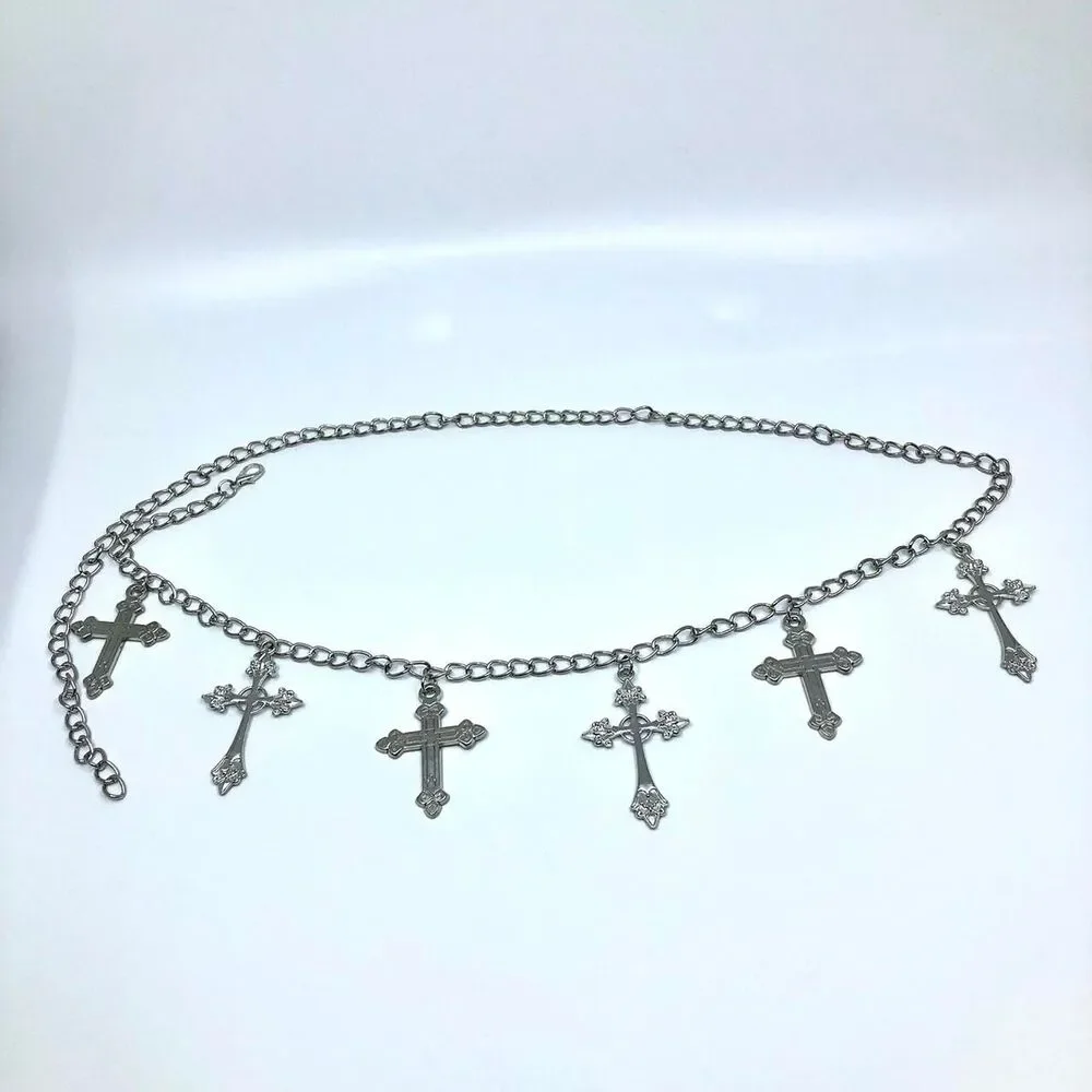Vintage Y2K Whimsygoth Silver Cross Chain Belt, Fits 19–42 Inches, X7GA1189